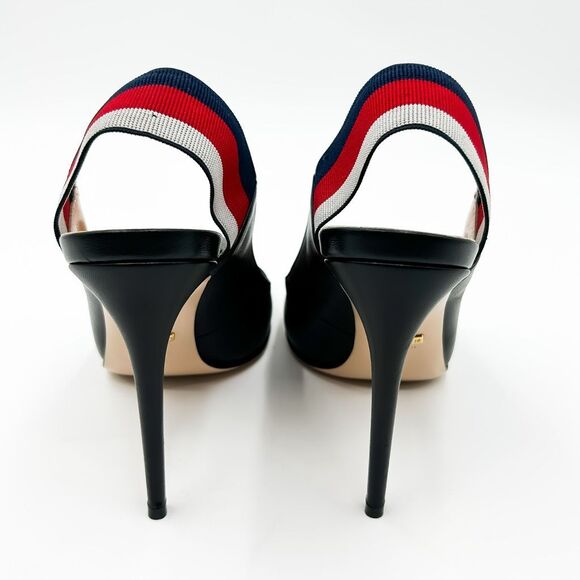 Gucci Sylvie Pumps Web Stripe Black Leather Slingback Heels Size 40, 10 - Picture 5 of 13